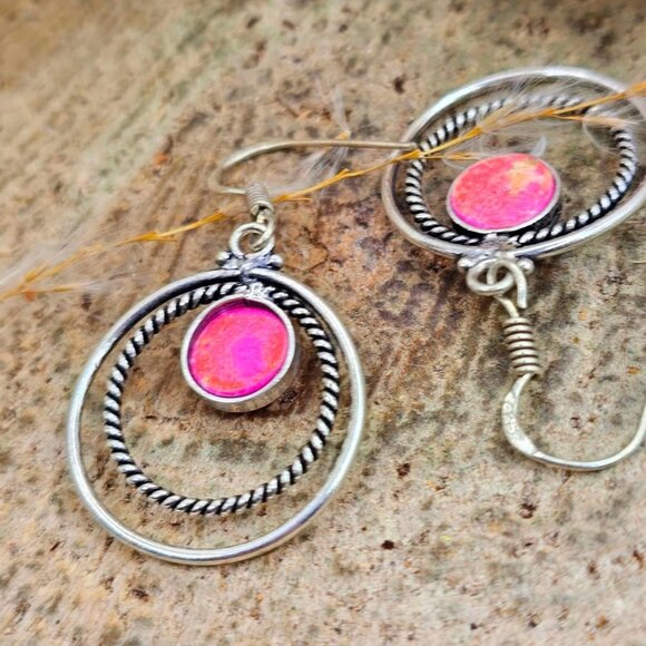Hot Pink Stone Double Loops 925 Earring - Picture 7 of 10